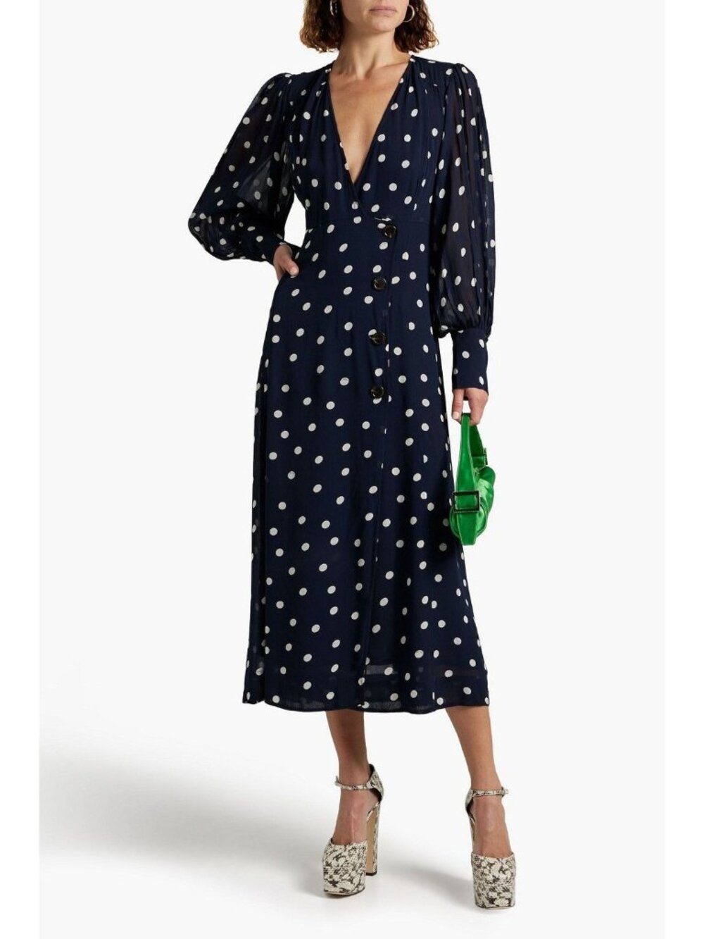 Ganni Navy Blue White Polka Dot Wrap Effect Long Ballon Sleeve Midi Dress Size 4